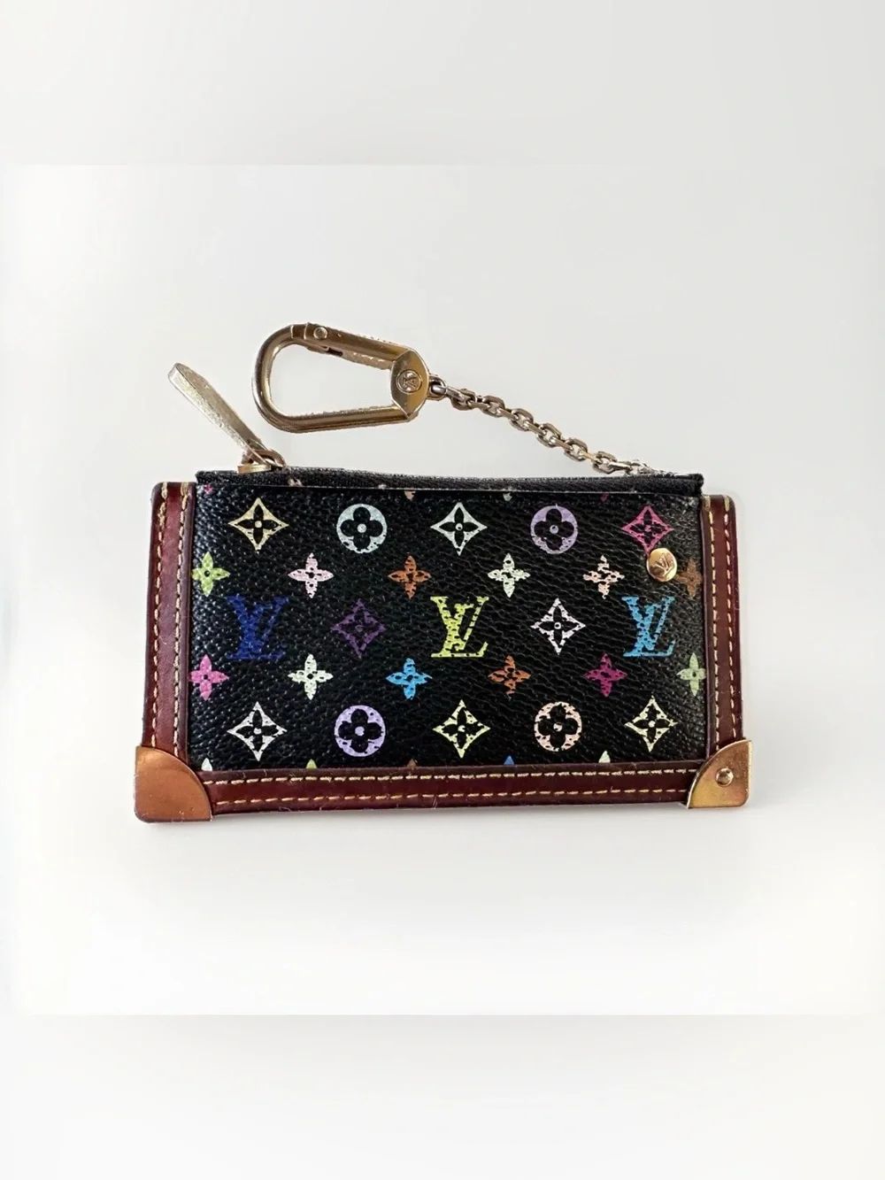 Louis Vuitton Multicolor Monogram Zip Coin Wallet Key Pouch w/ Clip Black